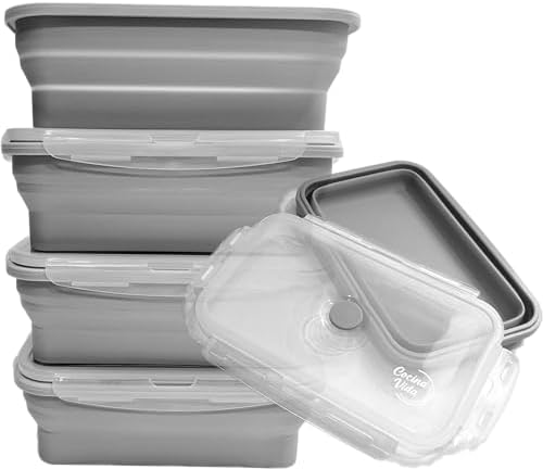 Cocina Vida Collapsible Silicone Food Storage Containers with Airtight Lids | Kitchen Stackable Lunch Box Microwave Dishwasher Safe| Set of 4 Silicone Food Storage Containers by CocinaVidaKitchenMadeEasy
