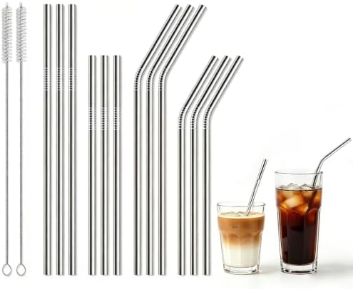 12 Pack Reusable Stainless Steel Metal Drinking Straws: 3 Bent + 3 Straight 8.5 in and 3 Bent + 3 Straight 10.5 in, Includes 2 Cleaning Brushes, Fits 20-30 oz Tumblers, Dishwasher Safe by Unknown