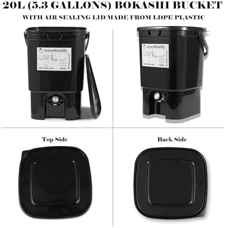 20L Bokashi Compost Bin, 5.28 Gallon Compost Bin for Kitchen Composter with Lid, Bokashi Start Kit with Bran (Tan & Dark Green) (20L/5.28GAL Black) - Image 3