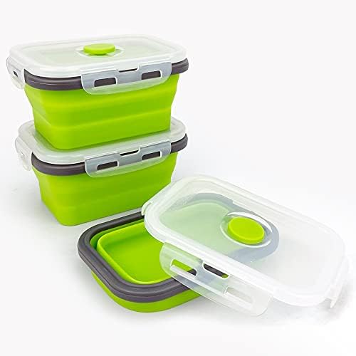 CCyanzi 3piece Collapsible Food Storage Containers with Lids, Silicone Lunch Container, Microwave & Freezer Safe, Space Saving for Kitchen Cabinet and Camping Backpack,(green gray) - Image 3