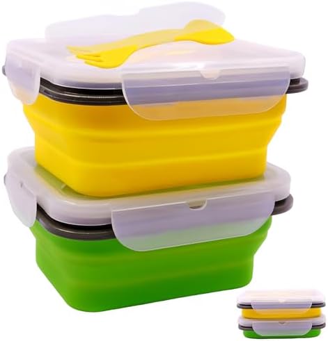 2 Pack Collapsible Silicone Bento Lunch Boxes With Lids Spoon Fork, 20.3oz, Meal Prep Food Storage Containers, Durable, Safe in Microwave, Dishwasher and Freezer, BPA Free (Green and Yellow) by FUSMYE