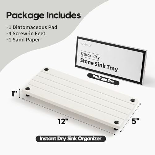 Razborci Instant Dry Sink Caddy Kitchen Sink Organizer, Quick Drying Stone Tray Diatomite Sponge Holder Soap Dish, Bathroom Countertop Fast Dry Water Absorbing Vanity Rack, White, 12" x 5" - Image 6