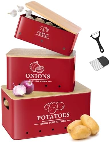 Kitchen Vegetable Storage Set of 3, Metal Onion Garlic Potato Storage Set, Kitchen Canisters Vegetable Keeper Containers with Aerating Holes and Bamboo Lid，Red by Dekosilave