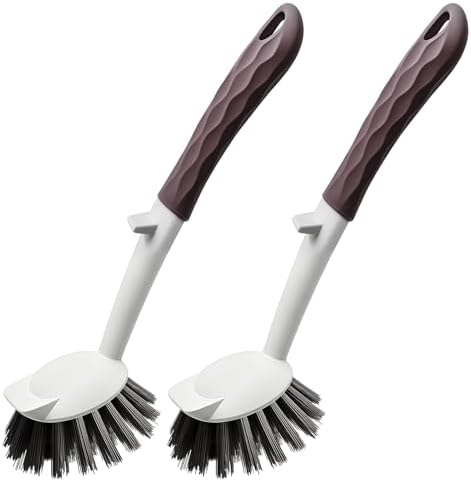 Dish Brush, 2 Pack with Comfortable Handle, with Built-in Scraper, Scrub Brush with Medium Firm bristles for Cleaning Dishes, Sink, Pots (Brown) by Unknown