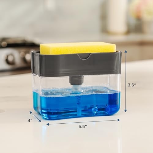 S&T INC. Dish Soap Dispenser and Sponge Holder for Kitchen Sink, Sponge Included, 13 Ounces, Grey - Image 6