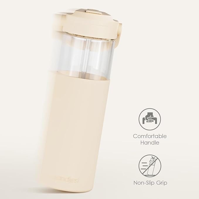 Glass Water Bottle with Silicone Sleeve and Straw Lid 20oz for Girls Women, Glass Drinking Bottles for Travel Home Gym Sports (Buttermilk)