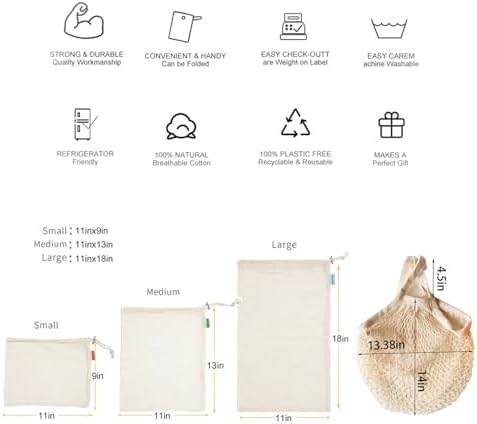 Set of 8 Reusable Organic Cotton Produce Bags, Mesh Grocery Cotton String Bag Net Shopping Mesh Bags – total 8 PCS(2pcs for each size) (8) - Image 3