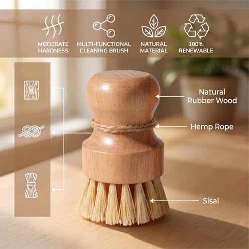 Wood Dish Brush, Natural Fiber Kitchen Scrubber with Ergonomic Grip, 3 Pack - Image 5
