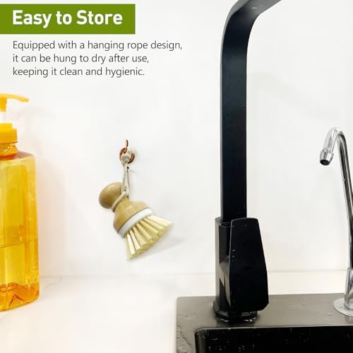 Kitchen Dish Brush, Natural Bamboo Dishwashing Scrubber for Cleaning Dishes, Pots, and Pans with Hanging Rope - Image 5