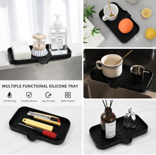 MicoYang Silicone Soap Dish with Drain Spout — Self-Draining Sink Organizer Tray for Bathroom & Kitchen, Sponges, Dispensers & Soap Holder, Non-Slip & Dishwasher Safe, Black (Medium, 9.6"×5.3") - Image 5