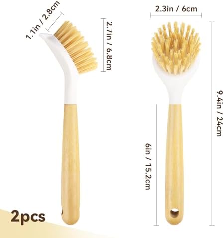 2 Pack Kitchen Scrub Brushes for Cleaning Dish Brush with Handle for Pans, Pots, Kitchen Sink Cleaning Scrub Brushes (Wooden Handle) - Image 4
