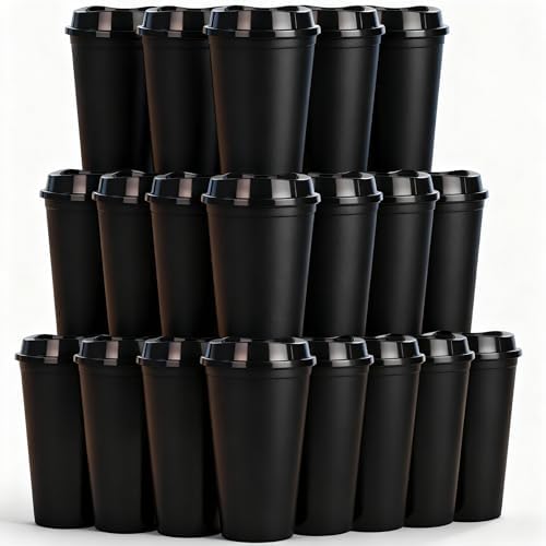 20 Pack Reusable Coffee Cups with Lids 16 oz Plastic Tumblers Travel Mug Iced Coffee Cup for Adults and Women Hot and Cold Drinks, Microwaveable (Black) by Alohastarttg