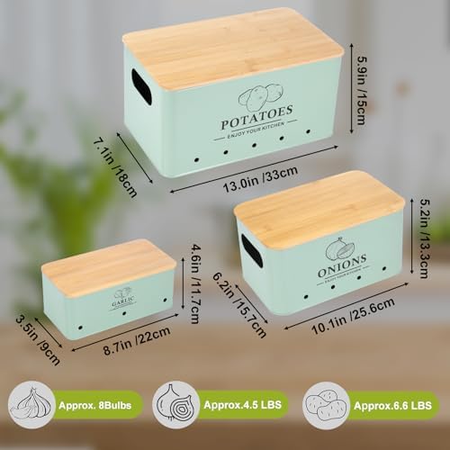Kitchen Vegetable Storage Set of 3, Metal Onion Garlic Potato Storage Set, Kitchen Canisters Vegetable Keeper Containers with Aerating Holes and Bamboo Lid,Sage Green - Image 5