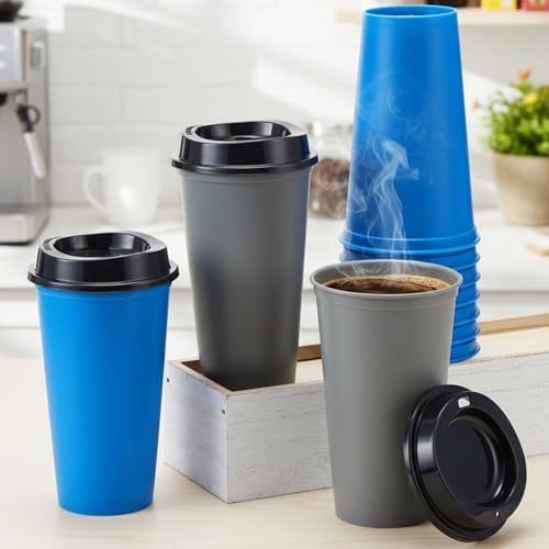 Honeydak 45 Pack 16 oz Reusable Coffee Cups with Lids Water Bottle Iced Coffee Travel Mug Reusable Portable Plastic Tea Tumblers Bulk for Hot and Cold Drinks Birthdays Party (Classic,Navy Blue, Gray) - Image 2