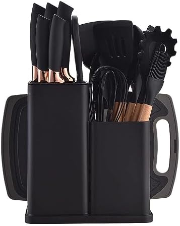 Kitchen Utensils Set & Knife Set with Block, 19 Piece All-in-One Cooking Set, 12 Nonstick Silicone Utensils + 5 Sharp Stainless Steel Chef Knives + Cutting Board, Dishwasher Safe Gift Set (Black) by Eco+Tiger