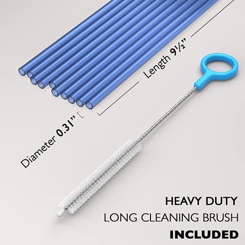Fiesta First 10 Long Reusable Hard Blue Plastic Drinking Straws, Medium Width + Sturdy Cleaning Brush - for Tumblers, Mason Jars, Smoothies and Milkshakes - Dishwasher Safe BPA Free - Image 2