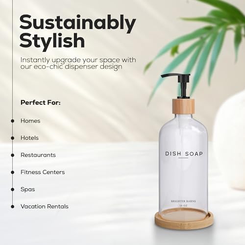 Clear Glass Dish Soap Dispenser by Brighter Barns - Kitchen Sink Set With Bamboo Tray - Modern Decor and Accessories, Minimalist Neutral Home (Clear) - Image 2