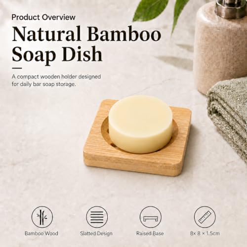 Bamboo Soap Dish for Bar Soap, Raised Wooden Holder with Drain Slots，Square Bamboo Soap Dish - Image 2