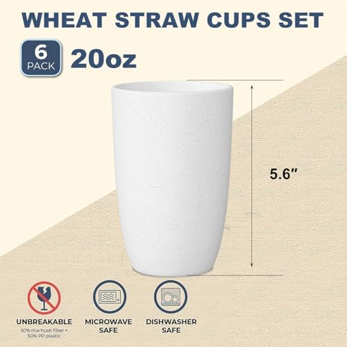 Wrova Wheat Straw Cups 6 Set of 6 Good Alternative to Plastic Reusable Cups 20 oz Unbreakable Drinking Cup Reusable Dishwasher Safe Water Plastic Glasses - White - Image 2