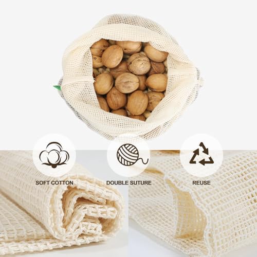 3 Reusable Mesh Produce Bags &3 Organic Cotton Muslin Bags with Spring-Lock Closure Zero Waste Kit for Grocery Shopping, Vegetable, Fruit Storage, Bulk Food, Travel - Image 2