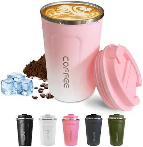 SPLMIFA Travel Coffee Mug Leak-Proof, Reusable Coffee Cups with Lids, Stainless Steel Vacuum Insulated Coffee Tumblers, Thermal Insulation Cup for Men and Women Hot & Cold Drinks(2nd-Pink White, 12OZ) by SPLMIFA