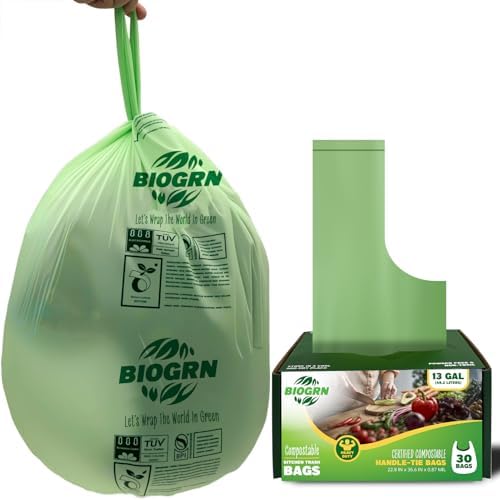 10-13 Gallon Compostable Trash Bags with Handles Tie 30 Bags Biodegradable Garbage Bags Food Scrap Green Waste Bags Thick 0.87 Mil 49.21 Liter ASTM D6400, US BPI and OK Compost Home Certified by BIOGRN