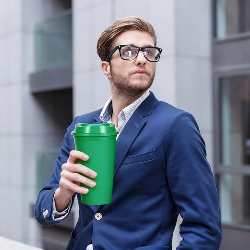 16oz Reusable Plastic Coffee Cups with Lids, 13 Pack, Green - Image 3