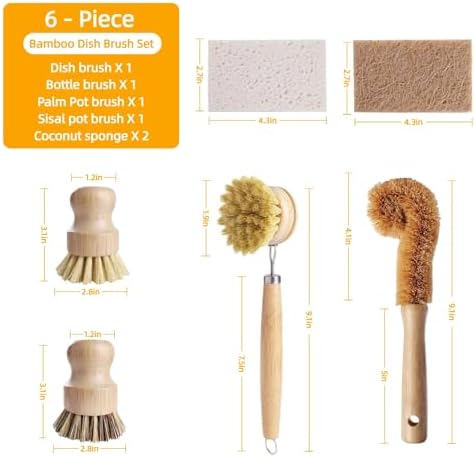 Natural Bamboo Dish Brush Set - 6 PCS Kitchen Cleaning Brush Kit with 4 Utensil Brushes and 2 Coconut Fiber Dish Sponges, for Cleaning Pots, Pans, Dishes, Bottles, Vegetables, and Fruits - Image 7