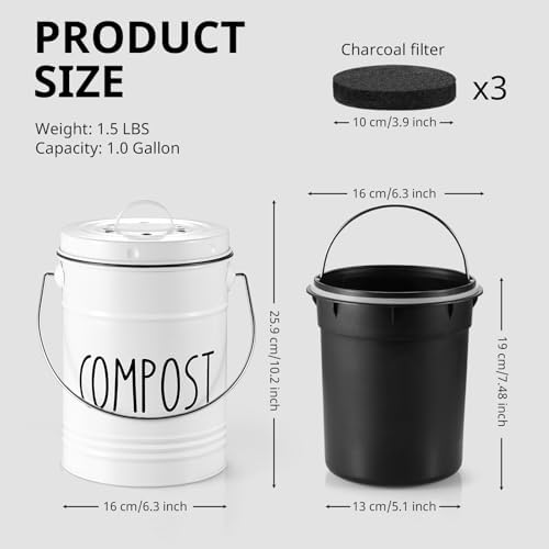 Kitchen Compost Bin, 1 Gallon Countertop Compost Bin with Lid, Indoor Compost Bucket, Includes Inner Bucket Liner and Carbon Filters, White - Image 2