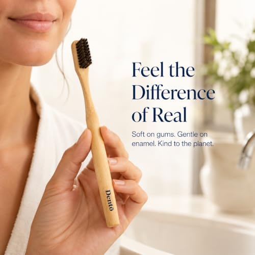 Dento Bamboo Toothbrush 4 Pack, Natural Horsehair Bristles, Soft - Image 3