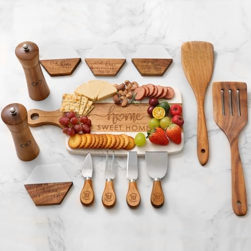 Luxury Kitchen Gift Set for Housewarming – Marble Cheese Board, Acacia Wooden Grinders, Cheese Knives & Utensils, Coaster Set – Elegant Charcuterie & Cooking Gift Box for Women, Couples, New Home by Grajar