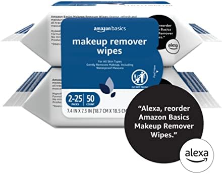 Amazon Basics Makeup Remover Wipes, Gentle Cleansing, Dermatologist Tested, pH-Balanced, Plant Based, Alcohol-Free, Removes Waterproof Mascara, 25 Count, 2-Pack - Image 5
