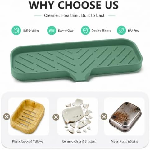 MicoYang Silicone Soap Dish with Drain Spout — Self-Draining Double Sink Organizer Tray for Kitchen & Bathroom, Dispensers, Sponges & Soap Holder, Non-Slip & Dishwasher Safe, Green (Large, 12"×4") - Image 3