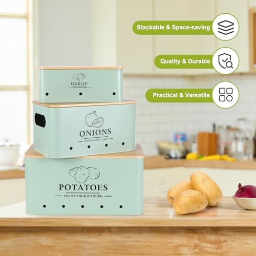 Kitchen Vegetable Storage Set of 3, Metal Onion Garlic Potato Storage Set, Kitchen Canisters Vegetable Keeper Containers with Aerating Holes and Bamboo Lid,Sage Green - Image 2