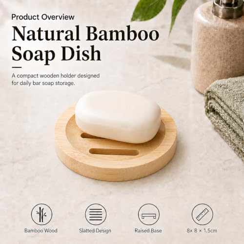Bamboo Soap Dish for Bar Soap, Raised Wooden Holder with Drain Slots，Round Bamboo Soap Dish - Image 2