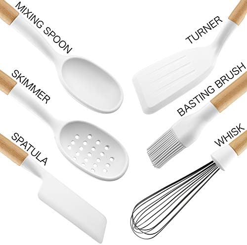 Country Kitchen Non Stick Silicone Utensil Set with Rounded Wood Handles for Cooking and Baking, 6 Piece Set, White - Image 2