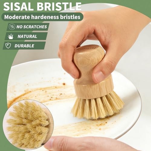 2 Pack Bamboo Dish Brush with Drain Holder - Natural Scrub Brush for Dish with Sisal Bristle, Wooden Dish Scrubber for Kitchen Cleaning Dishes, Pots, Pans and Vegetables - Image 4