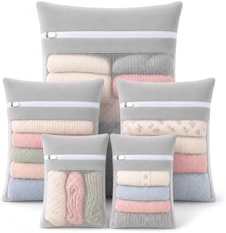 Gray 5-piece set in bags, durable cotton mesh laundry bags, sturdy zipper, breathable mesh, delicate laundry bags, suitable for underwear, clothes, pants, and socks by NAHADS