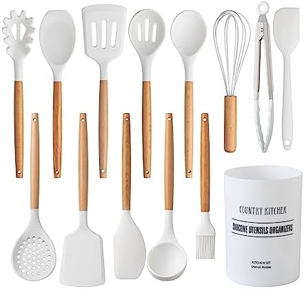 Country Kitchen Non Stick Silicone Utensil Set with Rounded Wood Handles for Cooking and Baking, 14 Piece Set, White by CountryKitchen