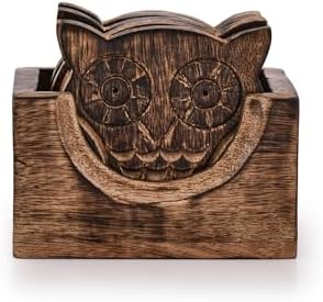 NIRMAN Wooden Crafted Coaster Set of 6 with Coasters Holder for Drink Bar Coaster Tea Coffee Mug Tabletop Barware Drink Handmade Dining Home Decor (Owl Shape) by NIRMAN
