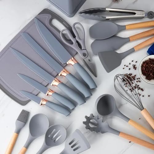 Silicone Kitchen Utensil Set, 19 Piece with Wooden Handles, Cutting Board, Storage Holder, Black Pink Gray Mint Green, Cooking Tools with Organizer (Grey) - Image 2
