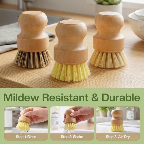 Wooden Dish Brush Handheld Bamboo Wok Brush Scrubber for Dishes Pans Pots Fruit and Veggie Washing(3,Beige Brown and Yellow) - Image 6