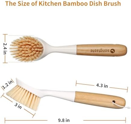 2 Pack Kitchen Dish Brush Bamboo Handle Dish Scrubber Built-in Scraper - Image 6
