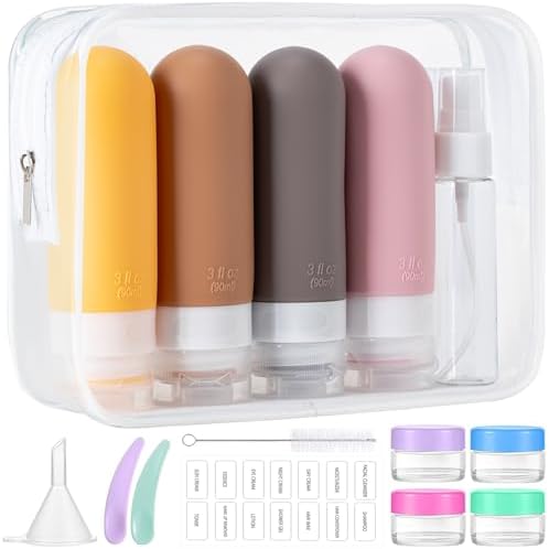 16pack Travel Bottles for Toiletries, TSA Approved LeakProof Squeezable Silicone Toiletry Containers for Shampoo, Conditioner, 3oz Portable Refillable Traveling Size Liquid Containers (16Pcs/Apricot) by MODENGKONGJIAN