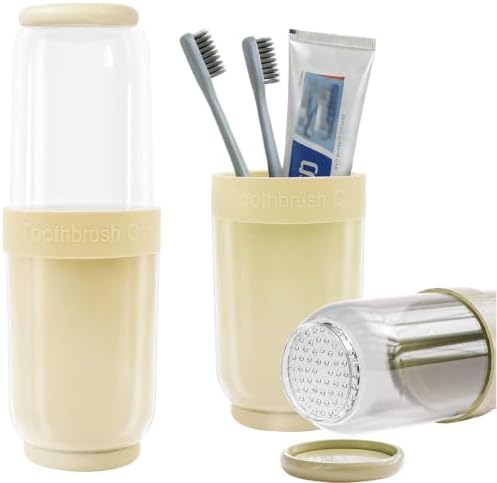 Breathable Toothbrush Travel Case, 2 in 1 Portable Travel Toothbrush Holder and Mouthwash Cup, Large Capacity Toothbrush Cup with Lid for School, Camping, Business Trip, Bathroom, Cruise (Beige) by MYLDH