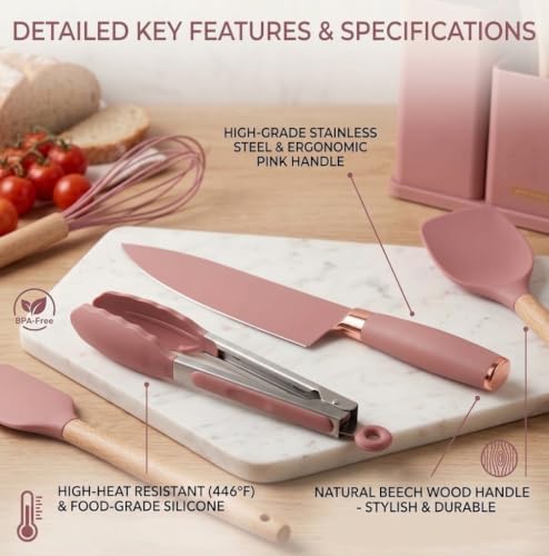 Silicone Kitchen Utensil Set, 19 Piece with Wooden Handles, Cutting Board, Storage Holder, Black Pink Gray Mint Green, Cooking Tools with Organizer (Rose) - Image 3