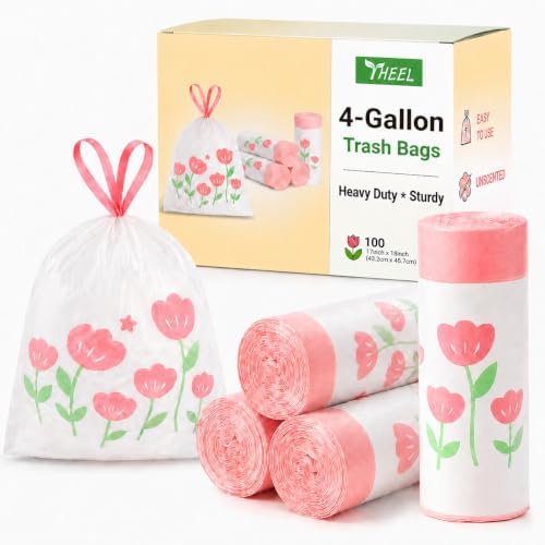 4 Gallon Trash Bags Drawstring - Unscented Small Garbage Bags 100 Count by YHEEL