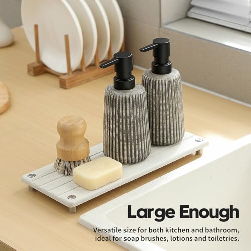 Razborci Instant Dry Sink Caddy Kitchen Sink Organizer, Quick Drying Stone Tray Diatomite Sponge Holder Soap Dish, Bathroom Countertop Fast Dry Water Absorbing Vanity Rack, Beige,12" x 5" - Image 3