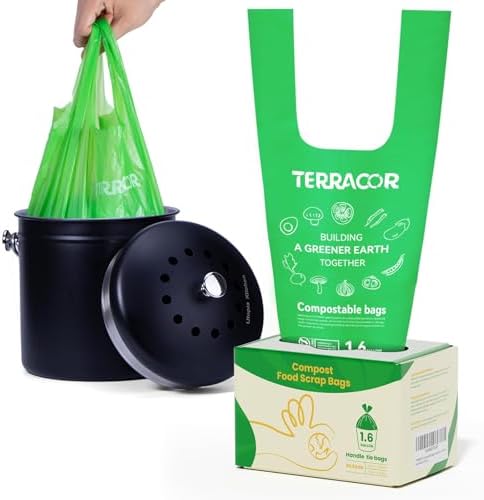 1.6 Gallon Compostable Food Scrap Bags Handle Tie for Kitchen Countertop Bin, 6 Liter Small Compost Bags, 50 Count, BPI Certified and Meet The ASTM D6400 Standard by TerracorPackaging