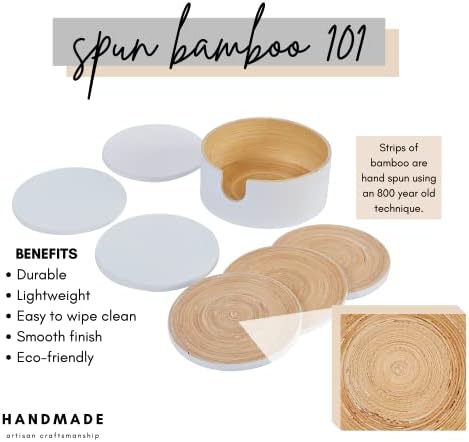 HABITAS Spun Bamboo Coaster Set - 6 White Round Coasters with Holder for Coffee Table - Modern, Sustainable, Handmade Bamboo Drink Coasters - Image 2